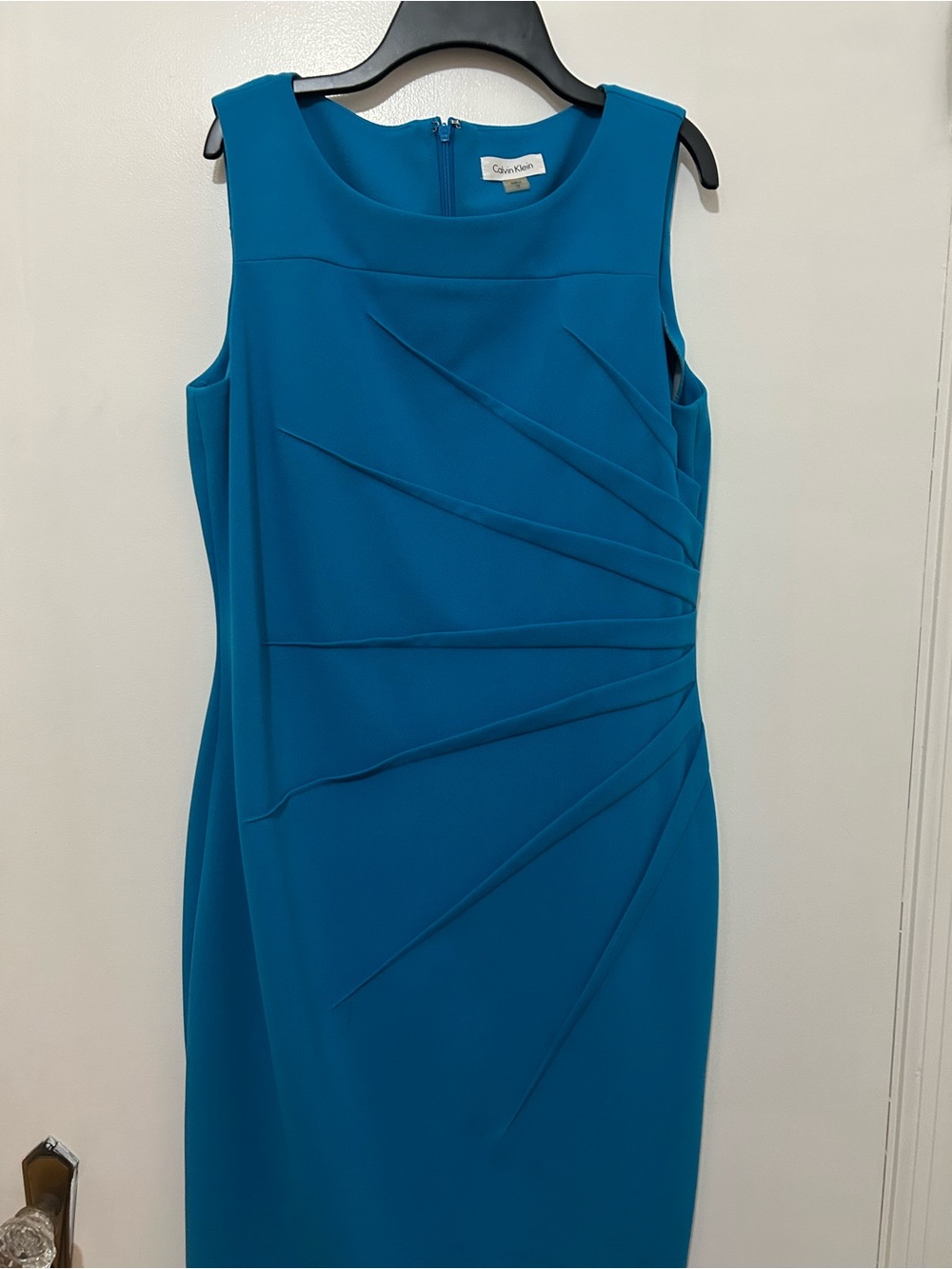 Calvin Klein Teal Midi Sheath Dress with Radiating Pleats